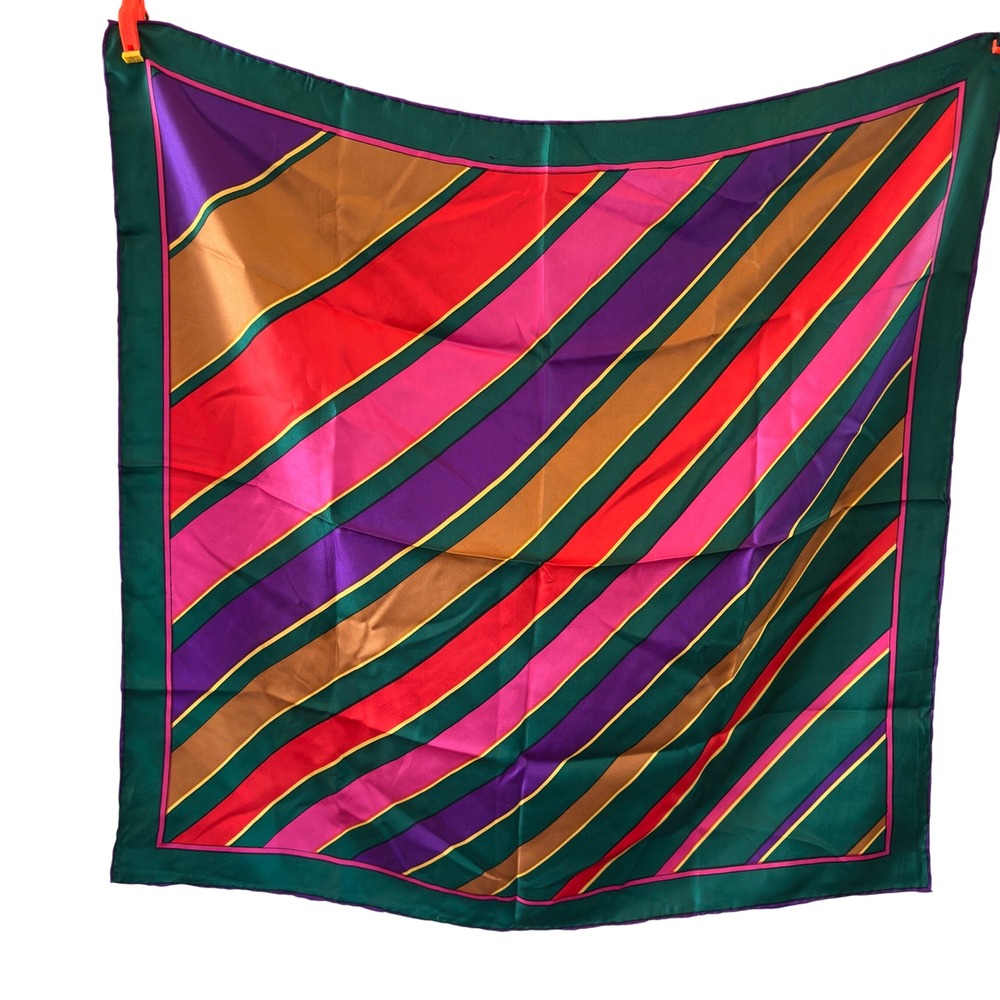 Vintage 90s Silk Scarf Jewel Tone Diagonal Stripe Green Pink Purple 26" Square